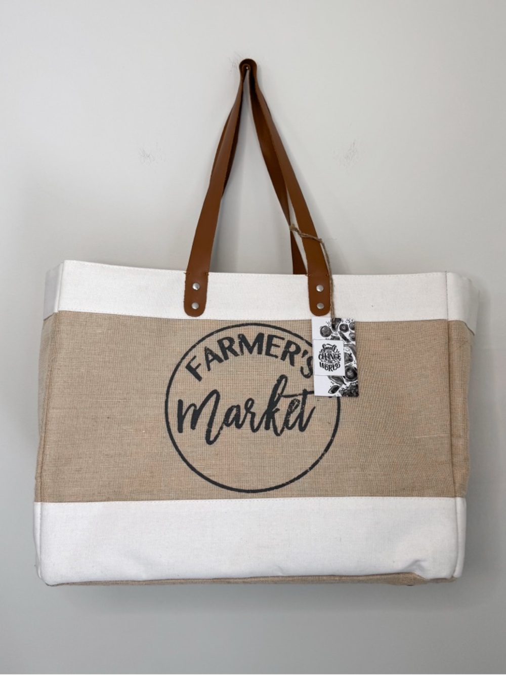 NWT Jute Cotton Leather Farmers Market Tote Bag